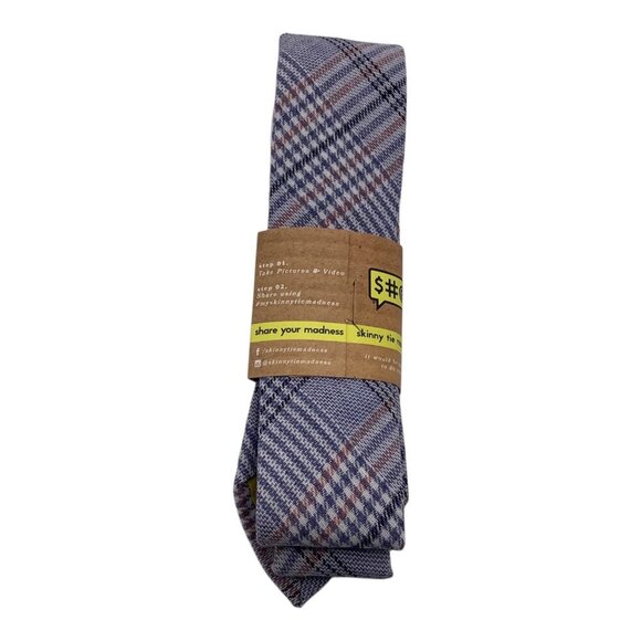 Skinny Tie Madness Blue Plaid Neck Tie Men Style SKM3224 "The Blue Bird" Cotton - Picture 9 of 10
